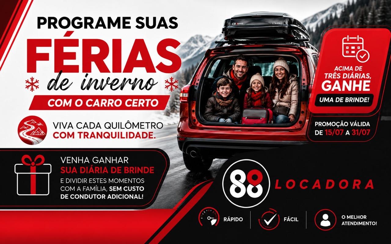 Promoção Férias de Inverno G88 Locadora: acima de três diárias, ganhe uma diária de brinde. Válida de 15/07 a 31/07.